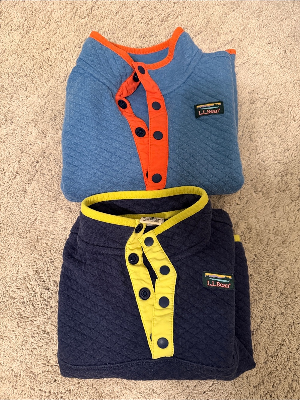L.L. Bean Quilted Pullover Duo in Sky Blue & Navy with Burnt Red and Yellow Trim
